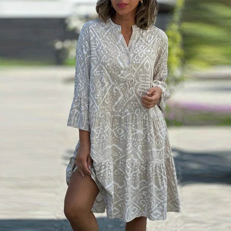 Fashion Bohemian Style Printed 3/4 Sleeve Dresses Women Sexy V-neck Loose A-line Mini Dress Casual Elegant Beach Robes Vestidos