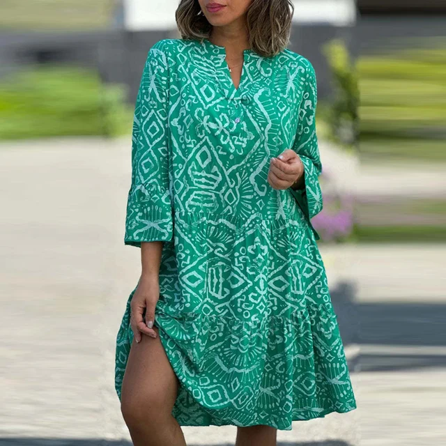 Fashion Bohemian Style Printed 3/4 Sleeve Dresses Women Sexy V-neck Loose A-line Mini Dress Casual Elegant Beach Robes Vestidos