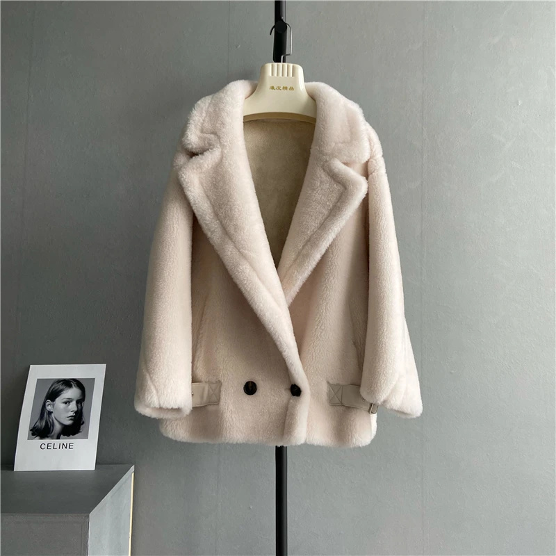 Korean Fashion 100%Wool Coat Women Big Turn-Down Collar Solid Elegant Short Winter Jacket