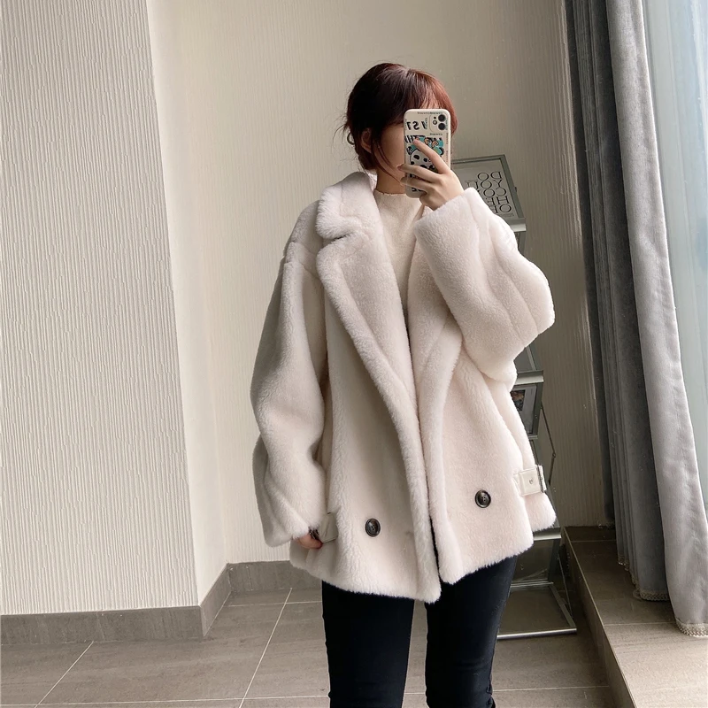 Korean Fashion 100%Wool Coat Women Big Turn-Down Collar Solid Elegant Short Winter Jacket