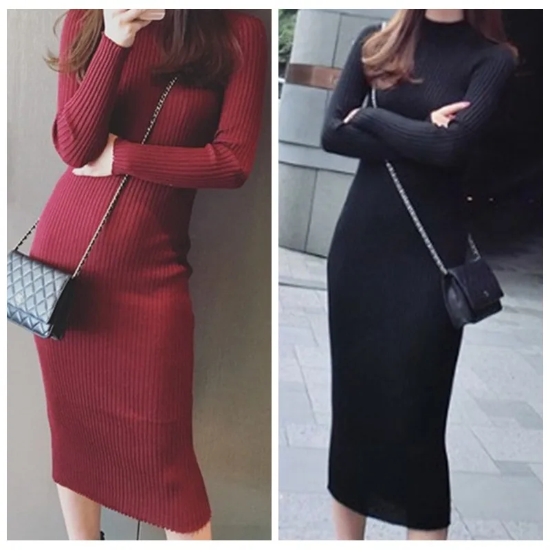 Women's Korean Version Slim High Neck Long Dress With Long Sleeves For Cocktail Party Tight Fitting Fan Dress