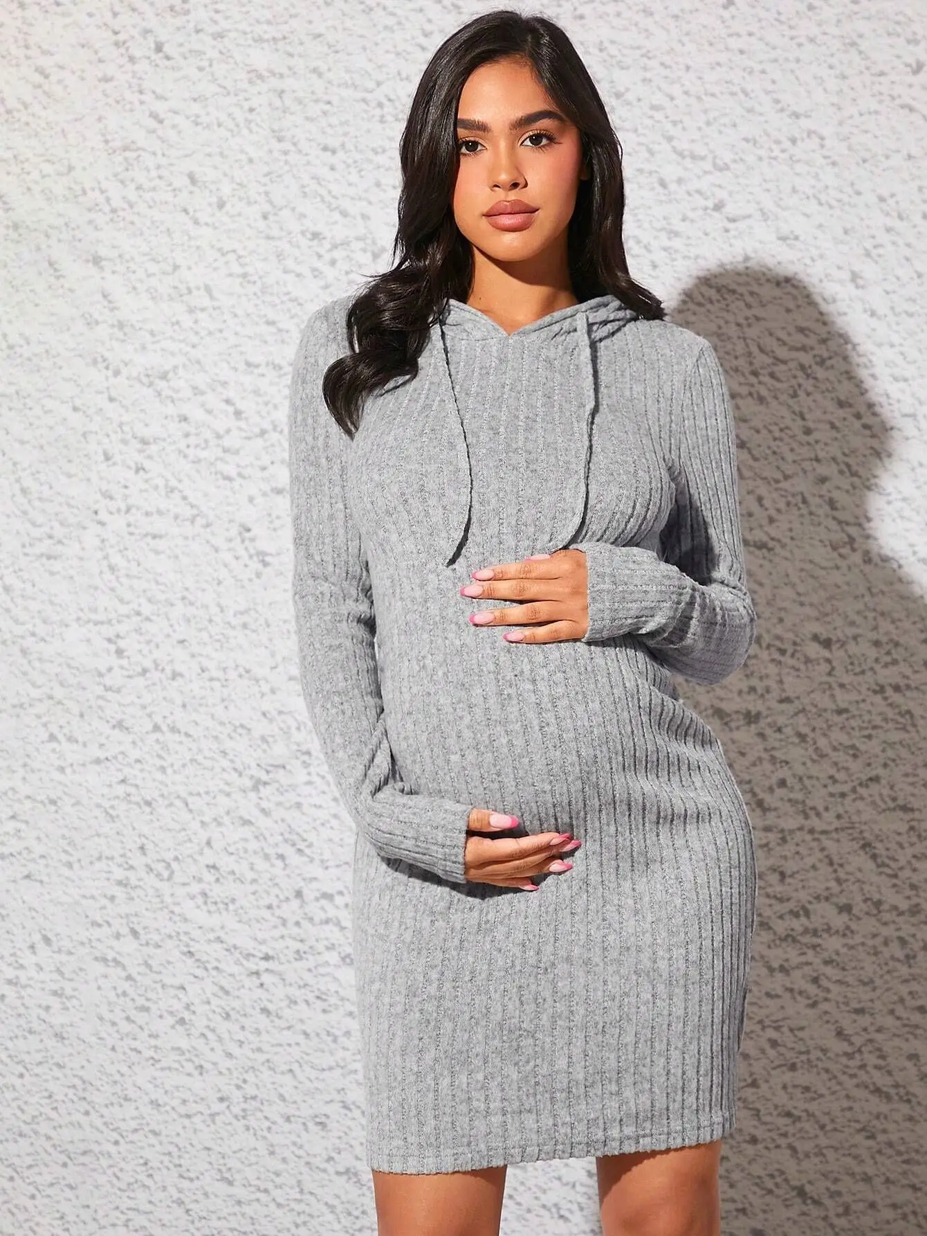 Ribbed Knit Drawstring Hoodie Dress Casual Long Sleeve Dress For Spring Fall Women's Clothing