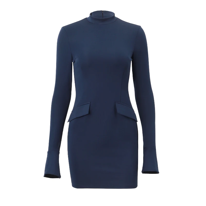 Xeemilo Autumn Long Sleeve Two Pocket Dress Bodycon Dark Blue Mini Dresses Elegant Round Collar Evening Party Vestidos