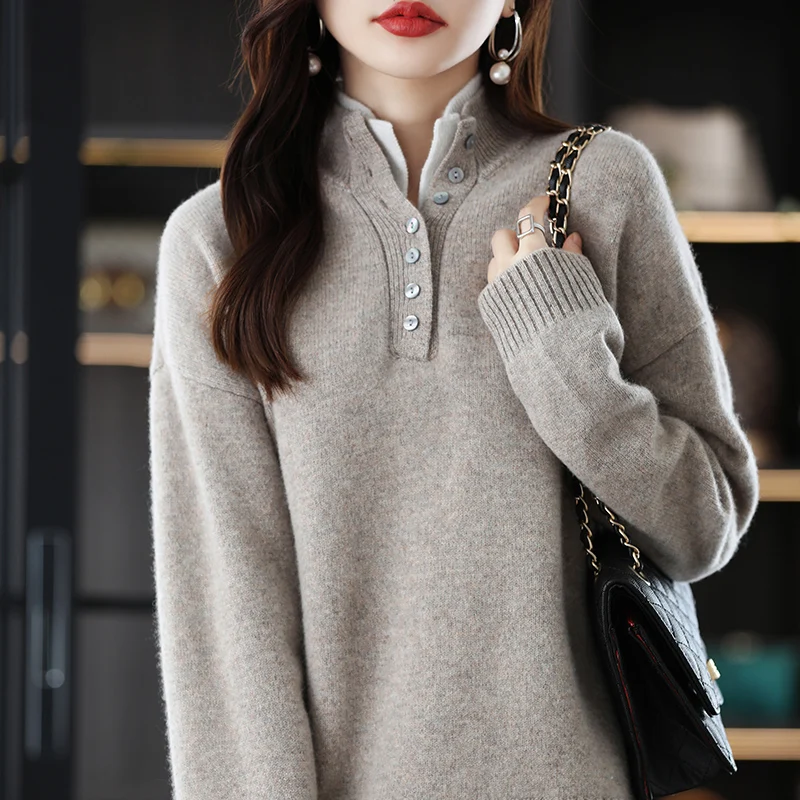 Ladies 100% Cashmere Wool Suit Casual Long Sleeve Pullover Sweater Solid Color Knit Long Wide Leg Pants Pure Wool Suit