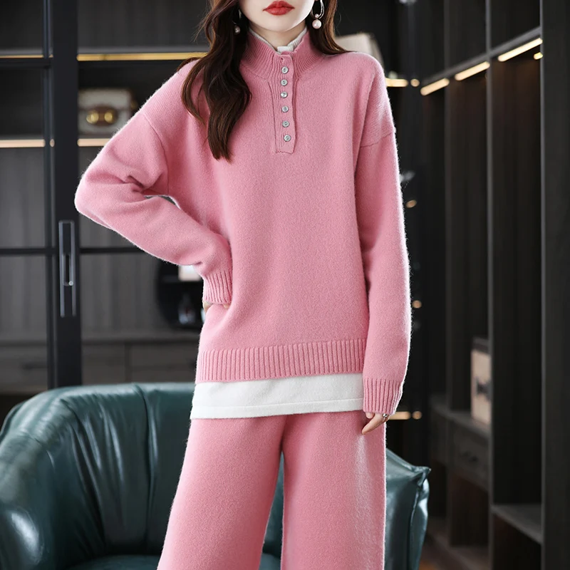 Ladies 100% Cashmere Wool Suit Casual Long Sleeve Pullover Sweater Solid Color Knit Long Wide Leg Pants Pure Wool Suit