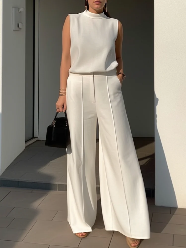 Female Casual Bottoms Solid White High Waisted Wide Leg Pants Straight Loose Trousers For Urban Women