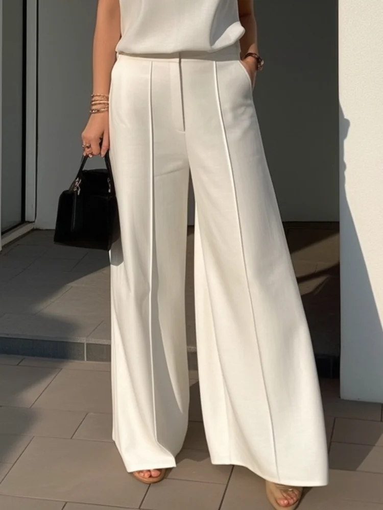 Female Casual Bottoms Solid White High Waisted Wide Leg Pants Straight Loose Trousers For Urban Women