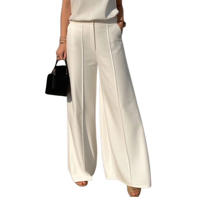 Female Casual Bottoms Solid White High Waisted Wide Leg Pants Straight Loose Trousers For Urban Women