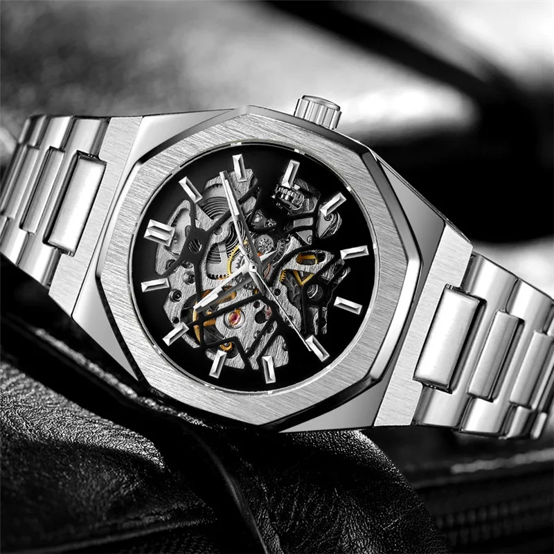 FORSINING New Automatic Mechanical Men Wristwatch Military Army Sport Male Clock Top Brand Luxury Silver Skeleton Man Watch 8198