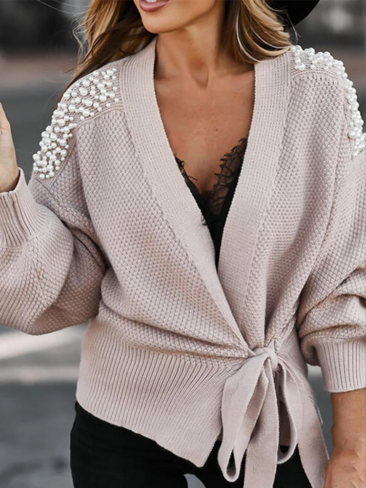 Women Pearls Sweater Cardigans Bowknot Knit Cardiagn Tops Plus Size Sweater Coat Short Outwear