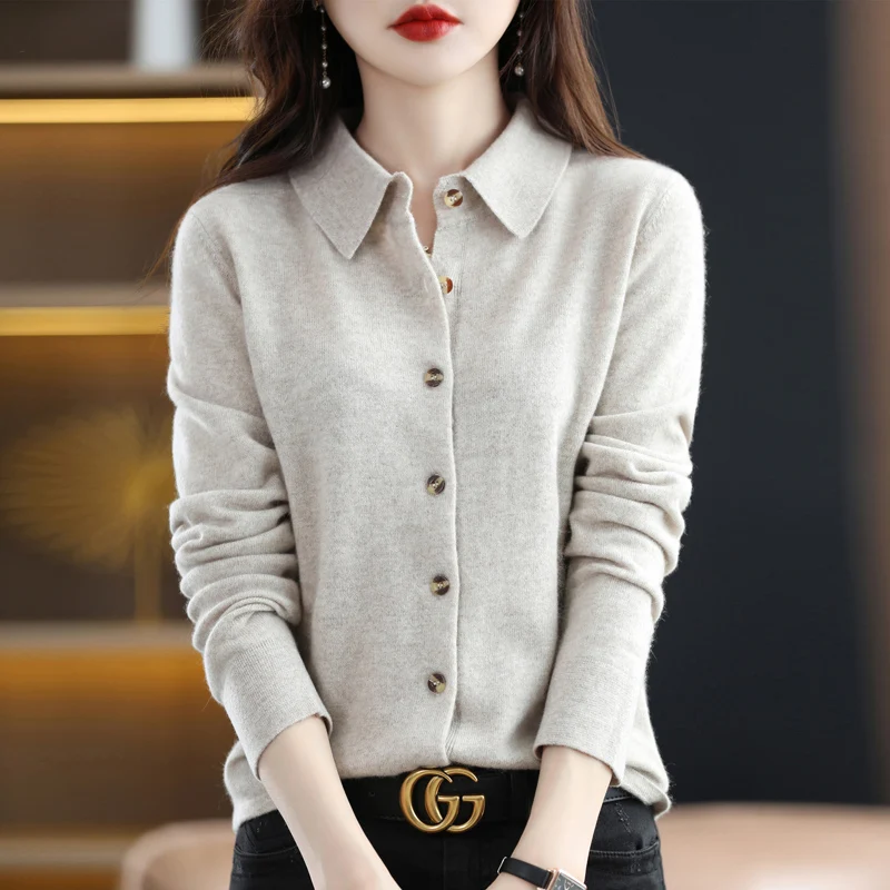 Women's Cardigan Solid Color Loose Knit Shirt French Fashion Button Knit Jacket 2023 Spring Korean Cardigan Lapel Street Sweater