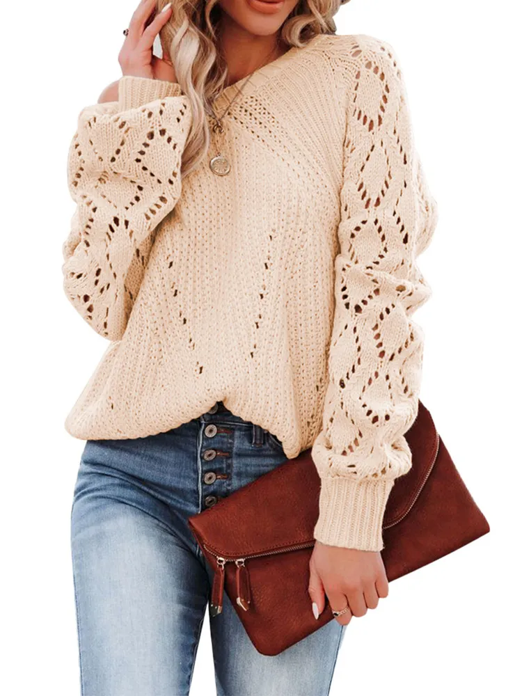 Europe and America Cross border  Autumn/Winter New Solid Loose Top Women's Hollow Pattern Sweater Round Neck Knit