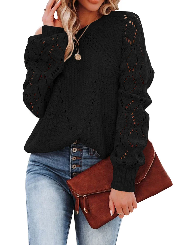 Europe and America Cross border  Autumn/Winter New Solid Loose Top Women's Hollow Pattern Sweater Round Neck Knit