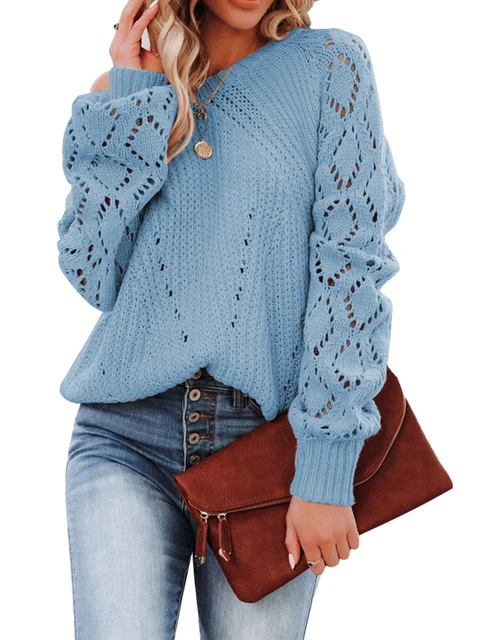 Europe and America Cross border  Autumn/Winter New Solid Loose Top Women's Hollow Pattern Sweater Round Neck Knit