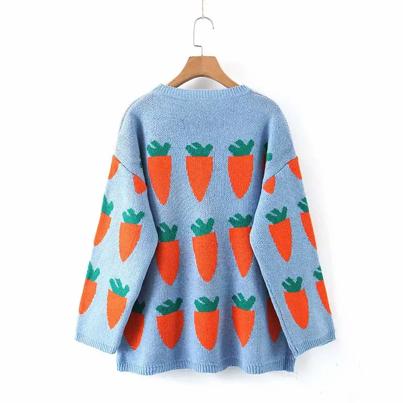 Women's Carrot Sweater Cozy Knit Cute Cartoon Crew Neck Long Sleeve Oversized Pullover Jumper Fall Winter