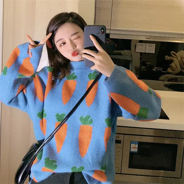 Women's Carrot Sweater Cozy Knit Cute Cartoon Crew Neck Long Sleeve Oversized Pullover Jumper Fall Winter