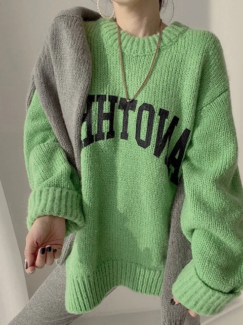 Korean Fashion Autumn and Winter Candy Color Sweater Pullovers for Women Loose Oversized Sweater Letter Knitted Pullovers O Neck