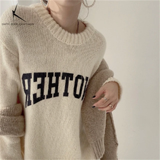 Korean Fashion Autumn and Winter Candy Color Sweater Pullovers for Women Loose Oversized Sweater Letter Knitted Pullovers O Neck