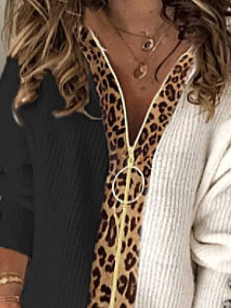 Winter Women's Zipper Knit Sweater Warm Leopard Print Casual Cozy Sweater