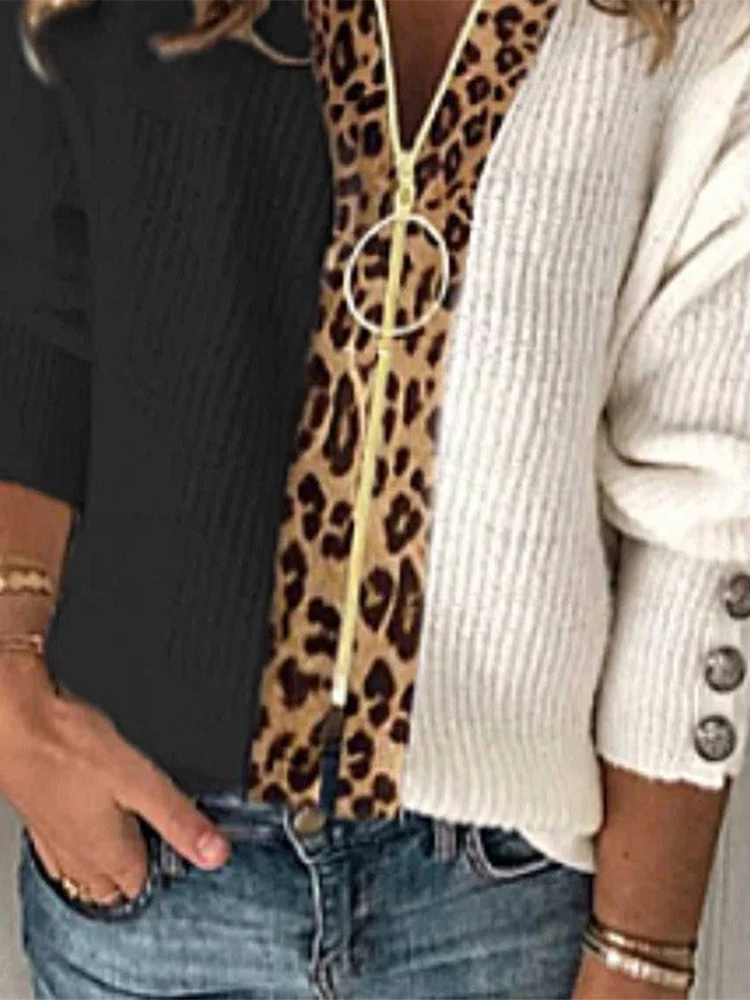 Winter Women's Zipper Knit Sweater Warm Leopard Print Casual Cozy Sweater