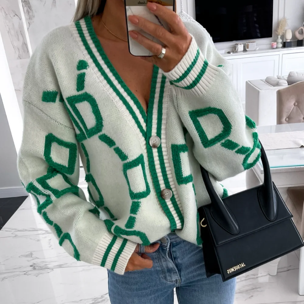 Women Letter Cardigan Sweater Autumn Winter Loose Single Breasted Sweater Coat Knitted Long Sleeved Top V-Neck  Ladies Clothes