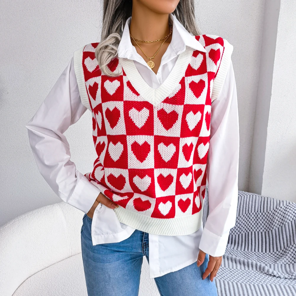 Autumn Winter Sweater Vest For Women Preppy Style Heart Sleeveless Knitted Pullovers