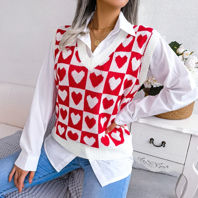 Autumn Winter Sweater Vest For Women Preppy Style Heart Sleeveless Knitted Pullovers