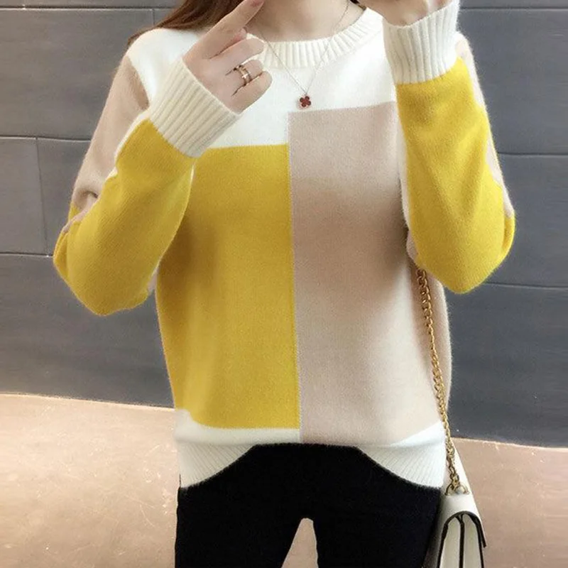 Women Sweater Pullover Contrast Color Patch Knitted Woolly  Joint Long Sleeves Female Top Autumn Winter Loose Fitting Casual