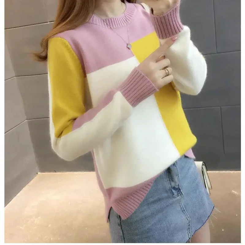 Women Sweater Pullover Contrast Color Patch Knitted Woolly  Joint Long Sleeves Female Top Autumn Winter Loose Fitting Casual