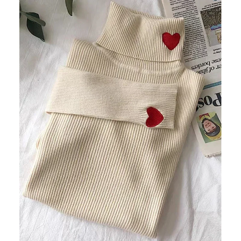 Women Turtleneck Knit Warm Sweaters Heart Embroidered Pullover Slim Bottoming Causal Sweater For Women  Fall Winter