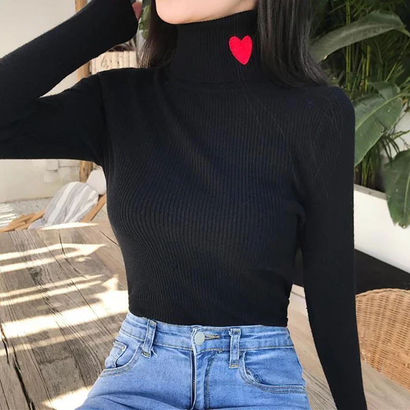 Women Turtleneck Knit Warm Sweaters Heart Embroidered Pullover Slim Bottoming Causal Sweater For Women  Fall Winter