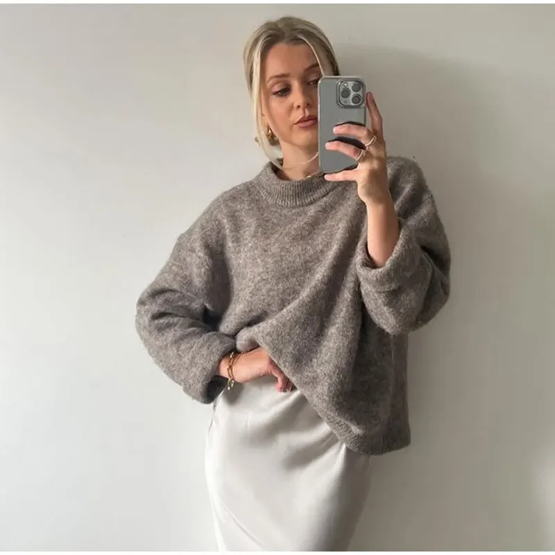 Women O-neck Vintage Knited Sweater Autumn Casual Fashion Solid Color Pullovers Female Street Long Sleeve Loose Knitwear Jumpers