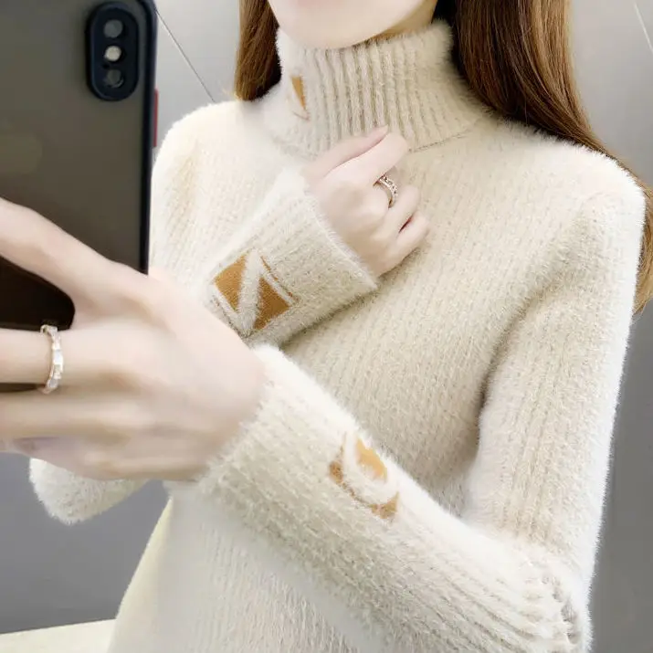 High Collar Pullover Sweater Women Mink Letter Jacquard Underlay Solid Western Knit Undercoat Autumn Winter Pullover Sweater