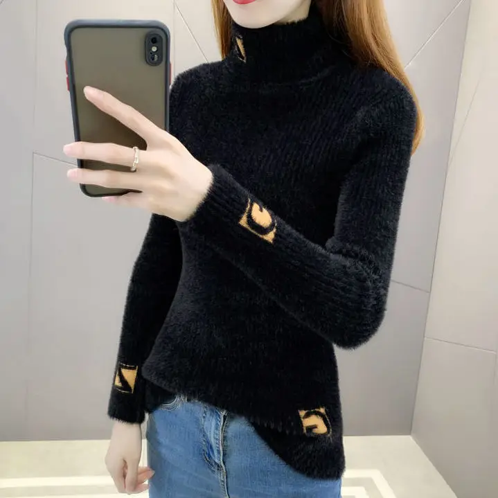 High Collar Pullover Sweater Women Mink Letter Jacquard Underlay Solid Western Knit Undercoat Autumn Winter Pullover Sweater