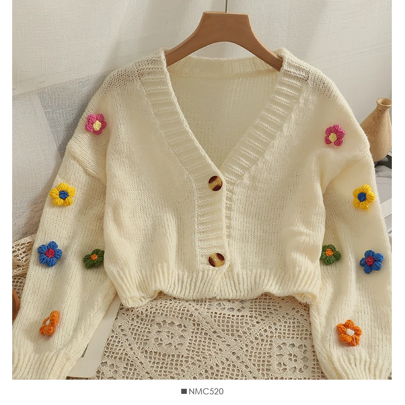 Colourful Applique Flower Cardigan for Women Cute Long Sleeve V-neck Knit Crop Sweater Soft Girl Soft Knitwear Fairycore