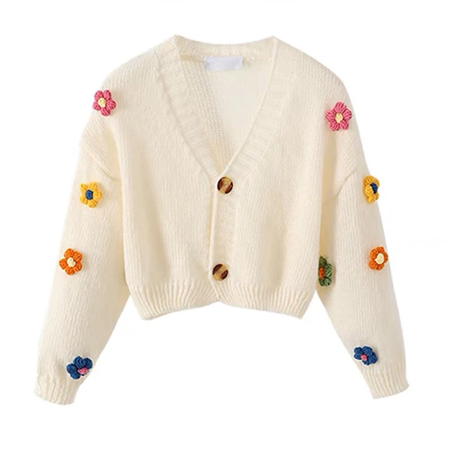Colourful Applique Flower Cardigan for Women Cute Long Sleeve V-neck Knit Crop Sweater Soft Girl Soft Knitwear Fairycore