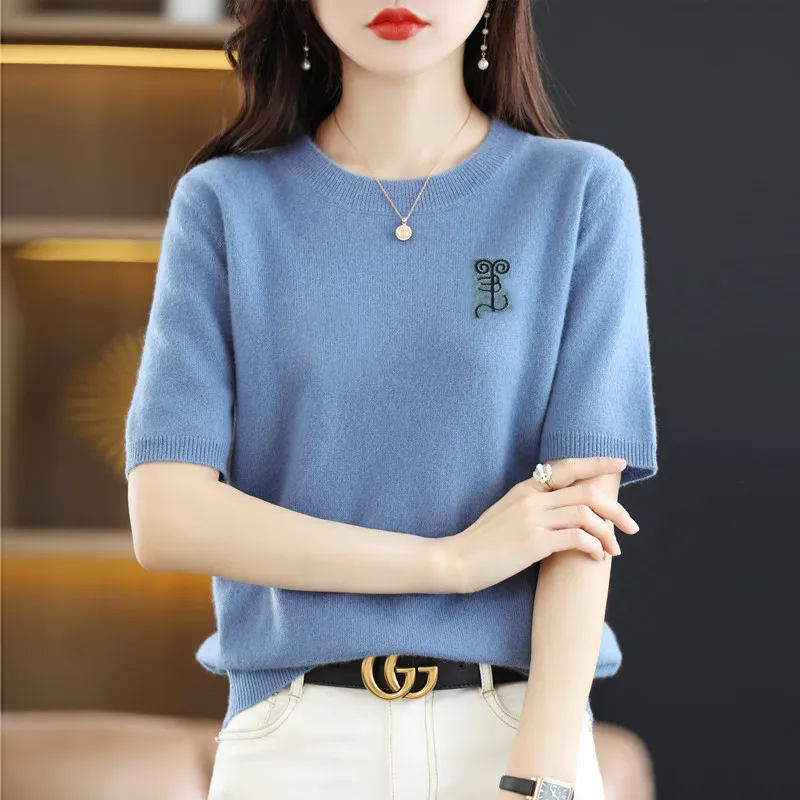 Summer New Round Neck Korean Soft Fashion Embroidery T-Shirt Women's Knitted Sweater Loose And Elegant Short Sleeve Pullover