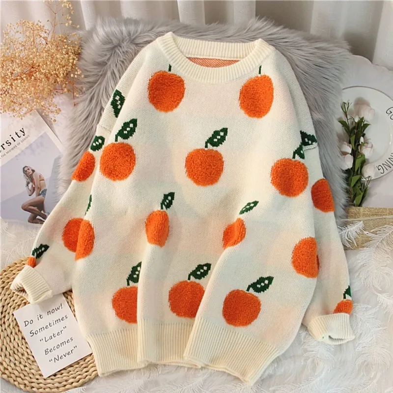 Women Orange Embroidery Sweater Contrast Color Long Sleeve Turtleneck Knit Pullovers Female Autumn Fashion Loose Jumpers