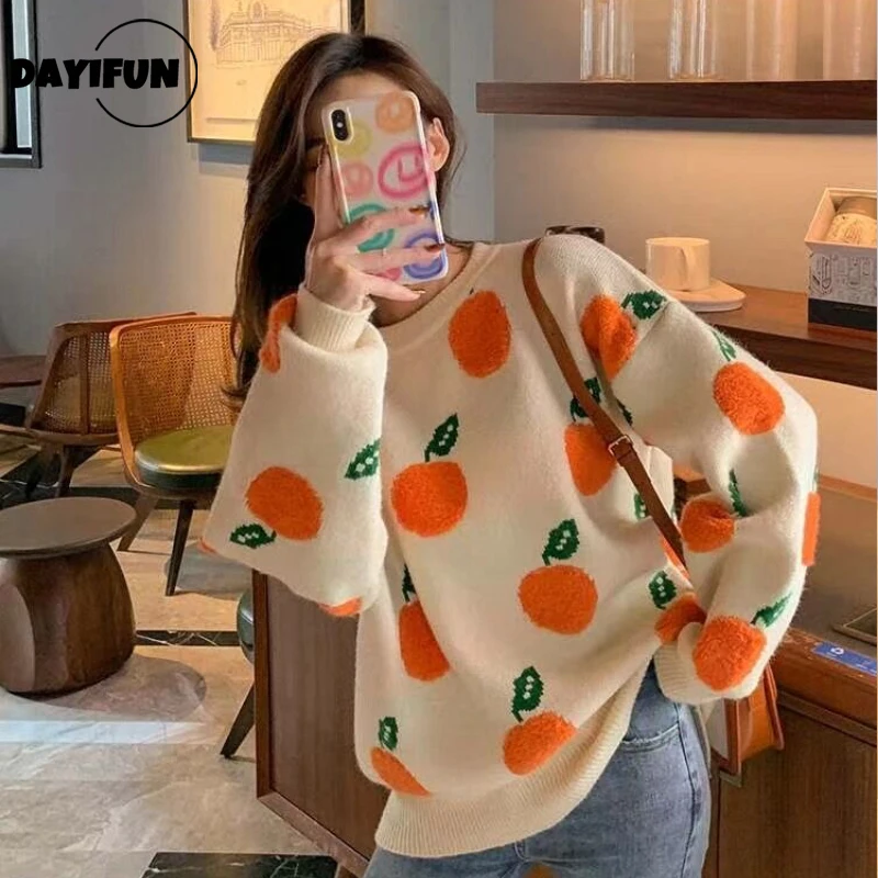 Women Orange Embroidery Sweater Contrast Color Long Sleeve Turtleneck Knit Pullovers Female Autumn Fashion Loose Jumpers