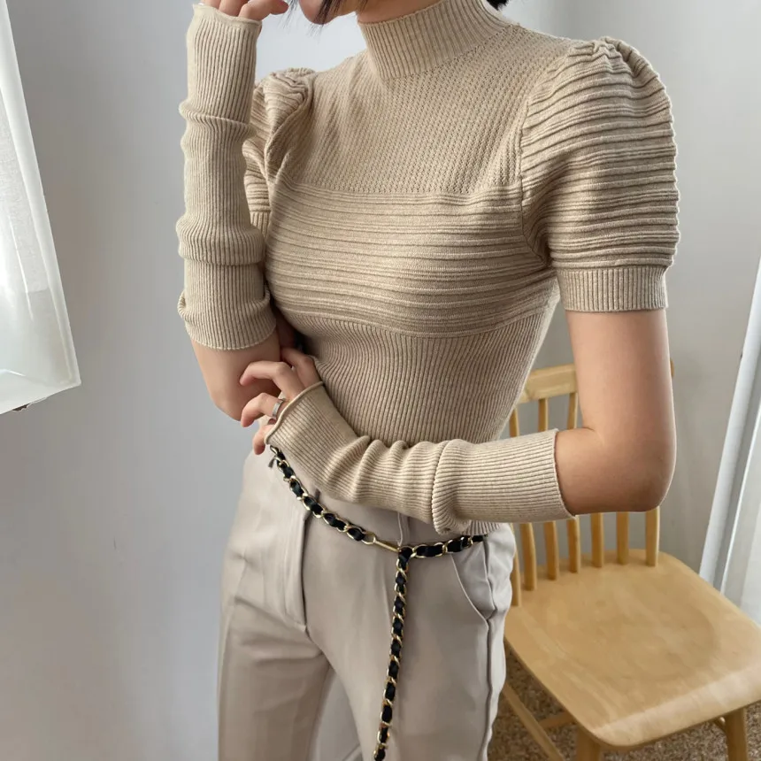 Women  Autumn Winter Puff Sleeve For Women Knitted Jumpers Semi Turtleneck Sweater O-Neck Sweater Pullovers