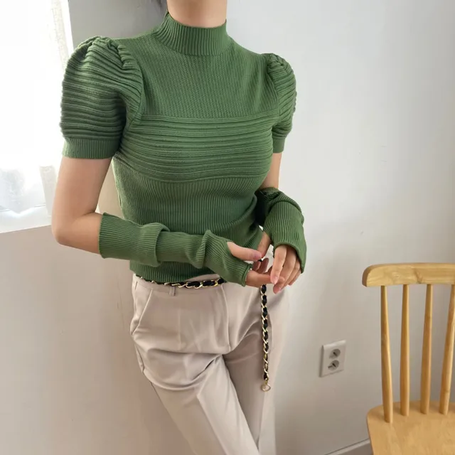 Women  Autumn Winter Puff Sleeve For Women Knitted Jumpers Semi Turtleneck Sweater O-Neck Sweater Pullovers