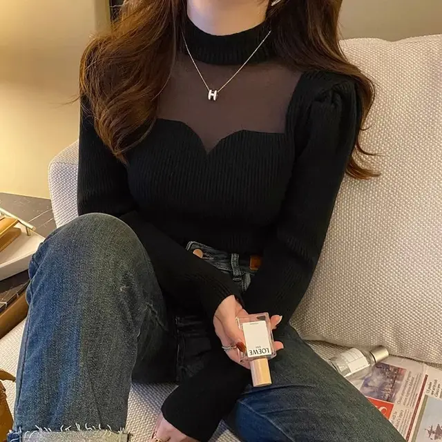 Korean Dongdaemun  Autumn Winter New Knit Women's Sweater Gauze Spliced Mesh Pullovers Female Fashion Long Sleeve Top Jumper