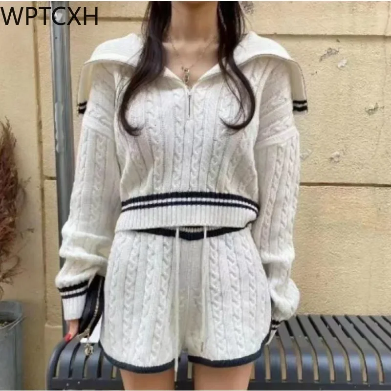 Autumn Winter  Women Fashion Plus Thick Pajamas Zipper Sweater Knitted Shorts Two Piece Home Wear Loungewear Set