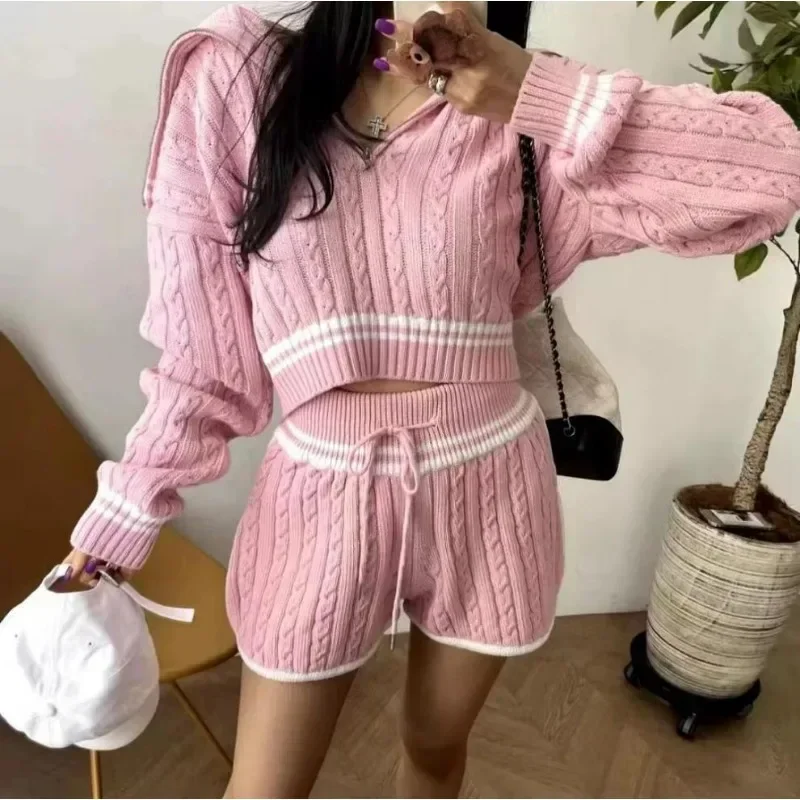 Autumn Winter  Women Fashion Plus Thick Pajamas Zipper Sweater Knitted Shorts Two Piece Home Wear Loungewear Set