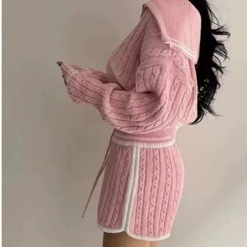 Autumn Winter  Women Fashion Plus Thick Pajamas Zipper Sweater Knitted Shorts Two Piece Home Wear Loungewear Set