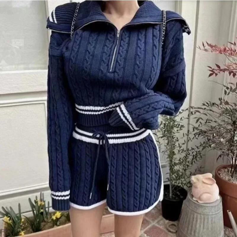 Autumn Winter  Women Fashion Plus Thick Pajamas Zipper Sweater Knitted Shorts Two Piece Home Wear Loungewear Set