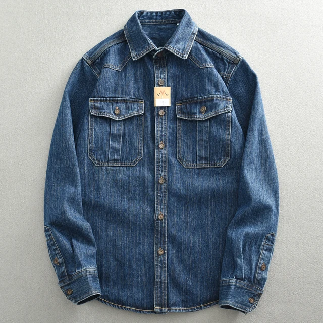 Heavyweight Retro Casual Wear Men's Shirt Coat Washed Denim Blouse Cargo Jeans Oversized Tops Wear-resistant Clothing Loose