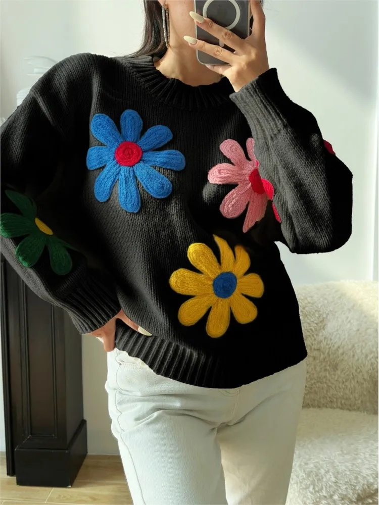 Vintage Flower Embroidery Sweater Women Loose Long Sleeve O-neck Knitted Pullover Autumn Female Thick Casual Streetwear
