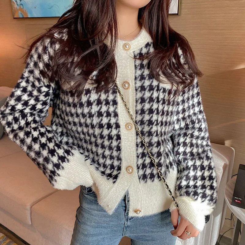 Sweater Cardigan Women Autumn Small Fragrant Sweater Cardigan Coat Short Korean Plaid Imitation Mink Fleece Knit Sweater