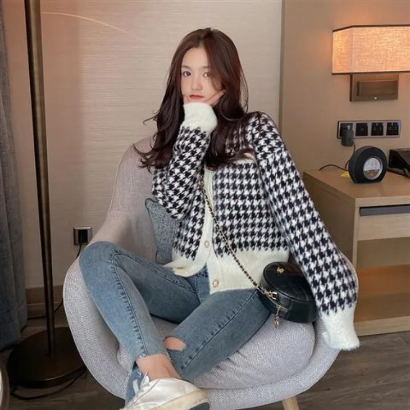 Sweater Cardigan Women Autumn Small Fragrant Sweater Cardigan Coat Short Korean Plaid Imitation Mink Fleece Knit Sweater